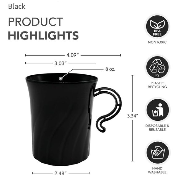Party Essentials Elegance Plastic Coffee Cup/Tea Mug/Punch Cup w/Handle 95 Count - Picture 2 of 3